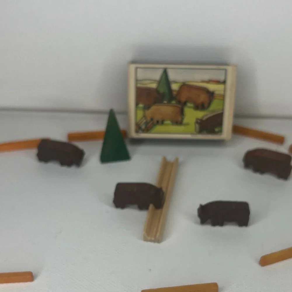 Vintage Wooden Buffalo Play Set w/ 4 Figures, Fence & Tree, Made Western Germany